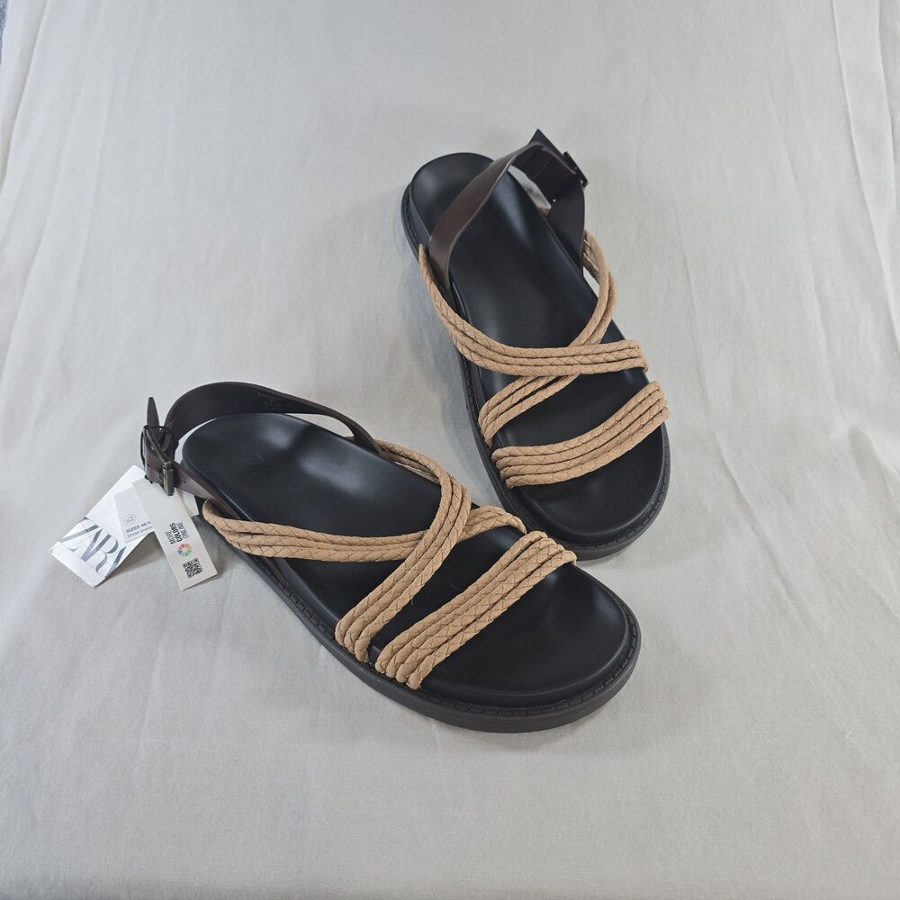 NWT Zara Strappy Leather Beige Rope Sandals Men's Size US 12 - EUR 45 Adj Buckle